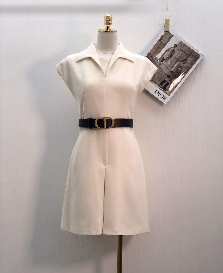 Dior 241R45 Mid Length Belted Dress White - S - View 1