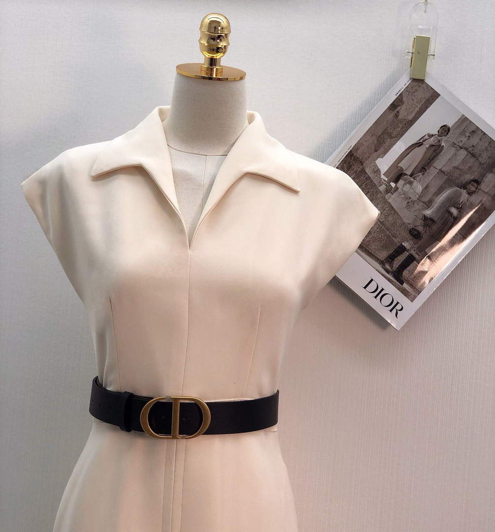 Dior 241R45 Mid Length Belted Dress White