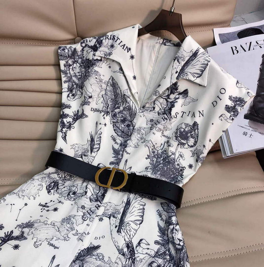Dior 241R45 Mid Length Belted Dress White gray