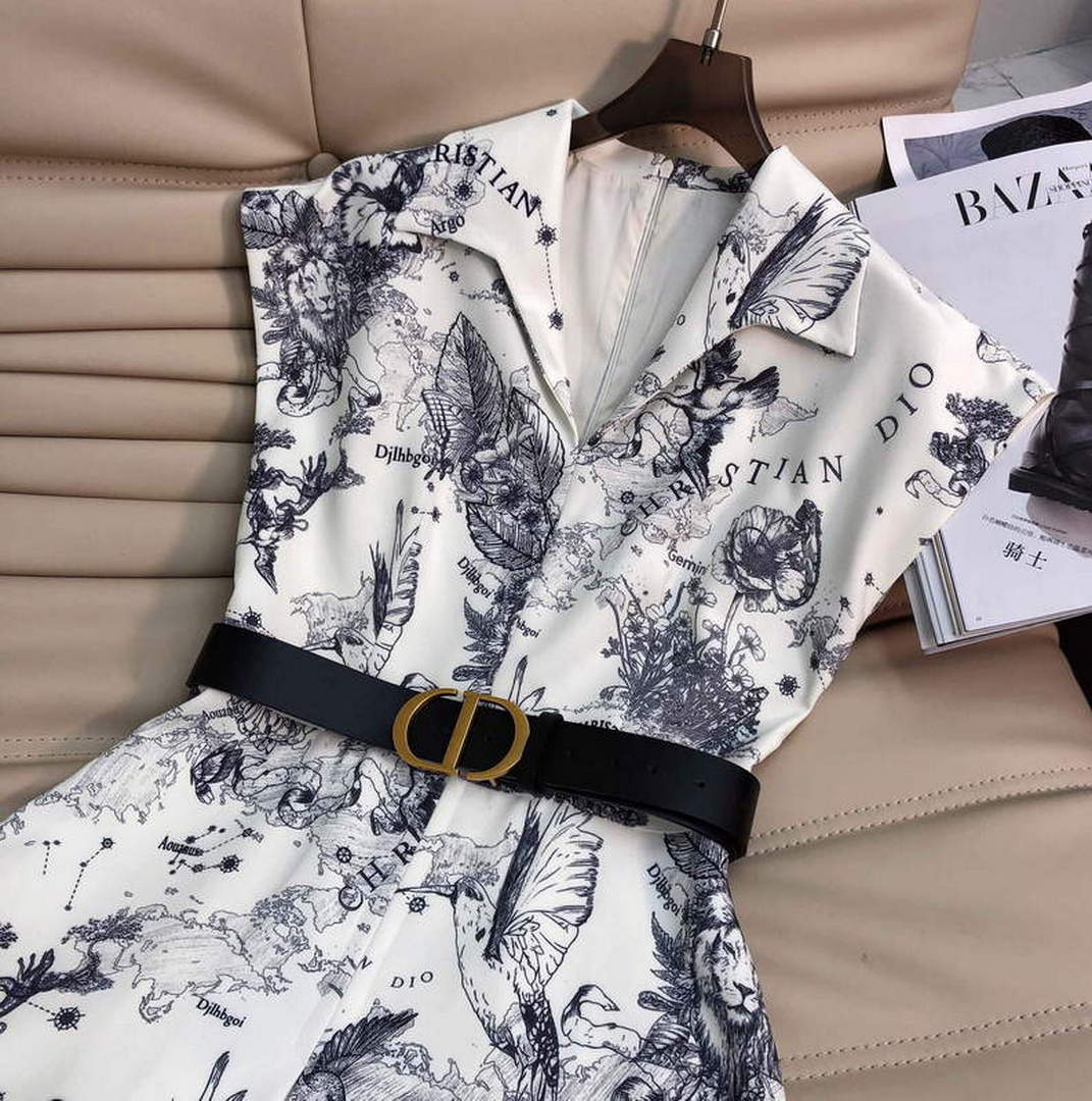 Dior 241R45 Mid Length Belted Dress White gray