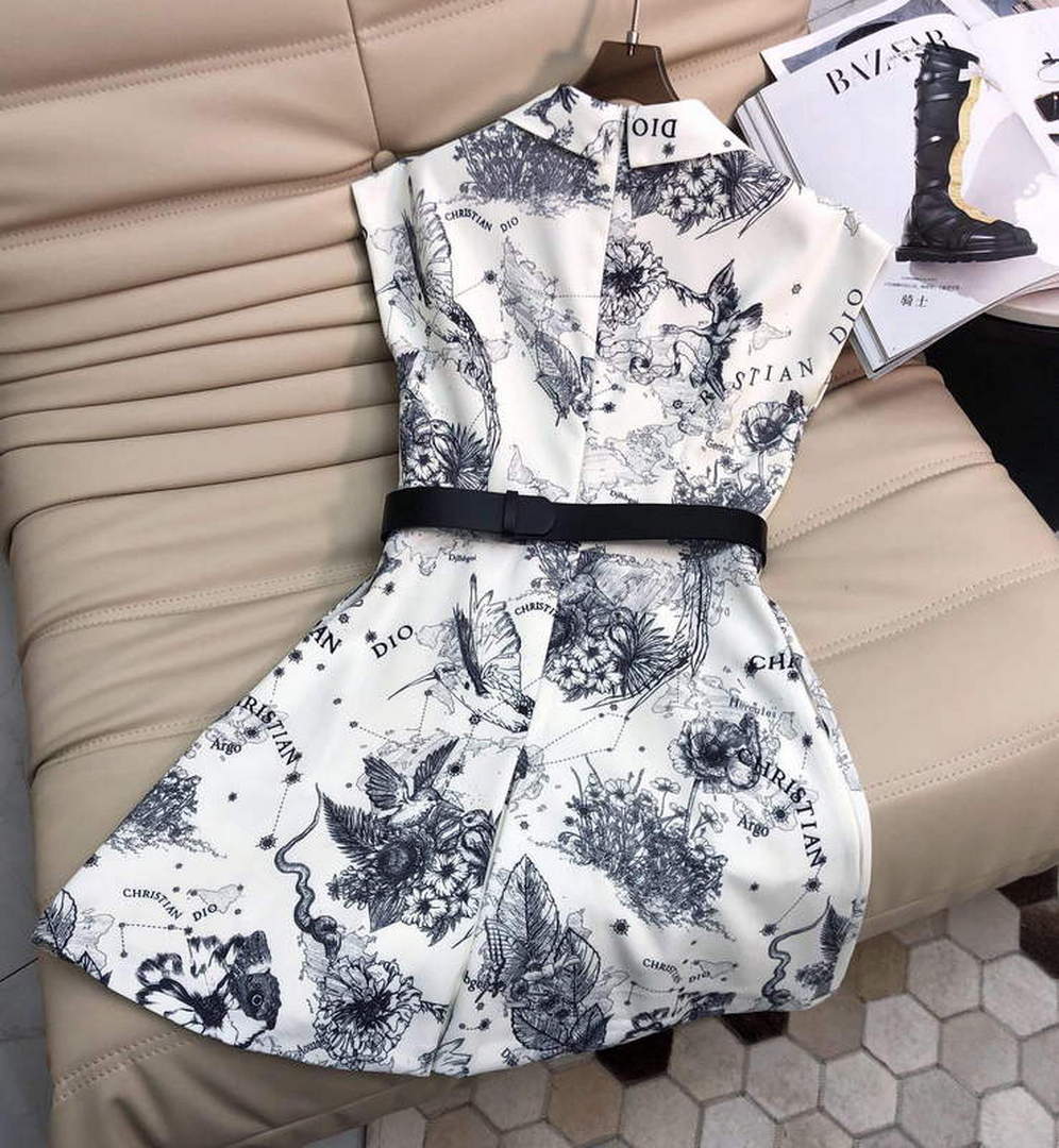 Dior 241R45 Mid Length Belted Dress White gray