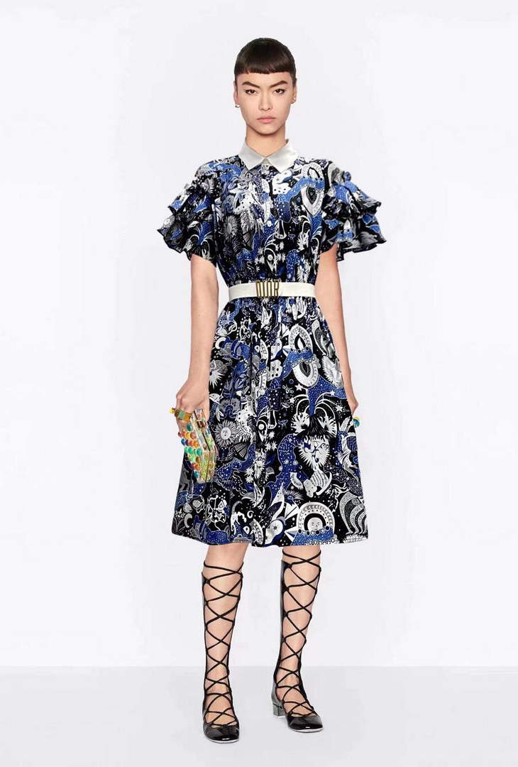 Dior 241R46 Mid Length Belted Dress Blue white