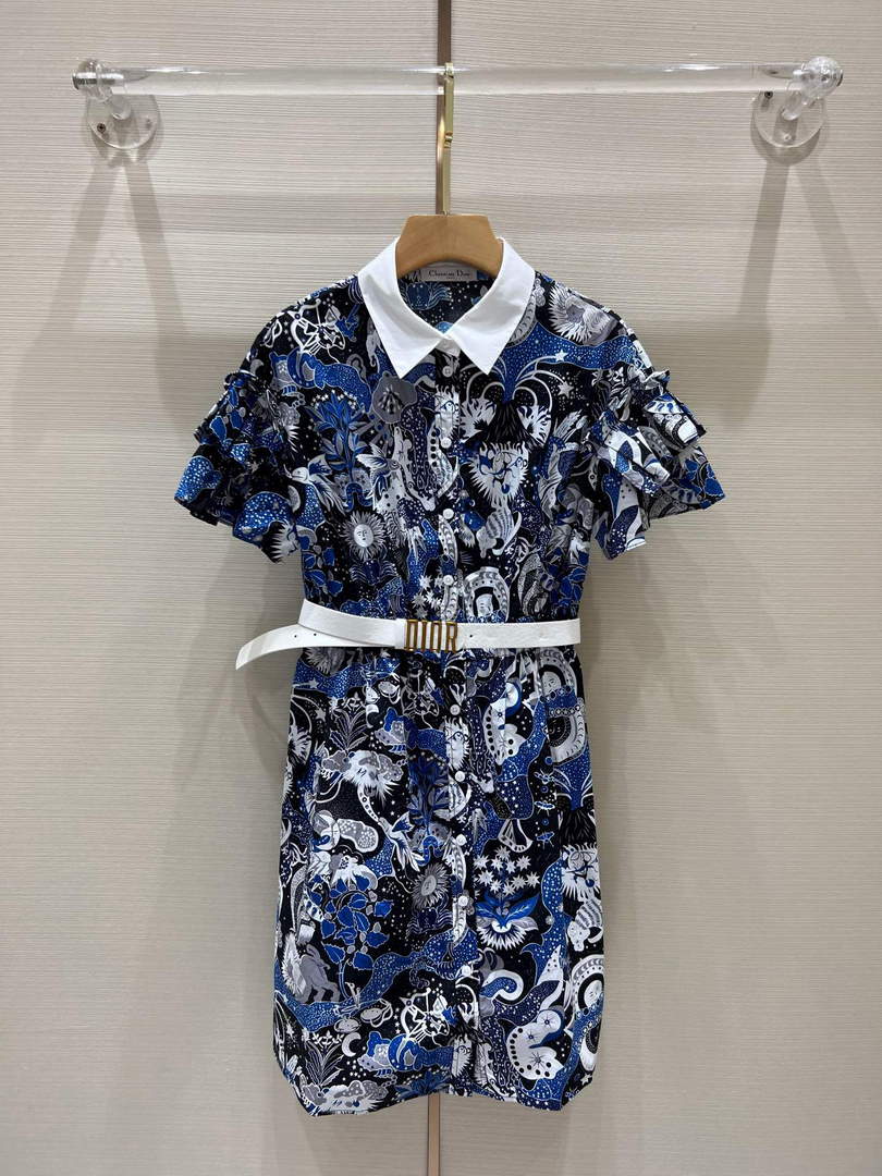 Dior 241R46 Mid Length Belted Dress Blue white - S - View 1