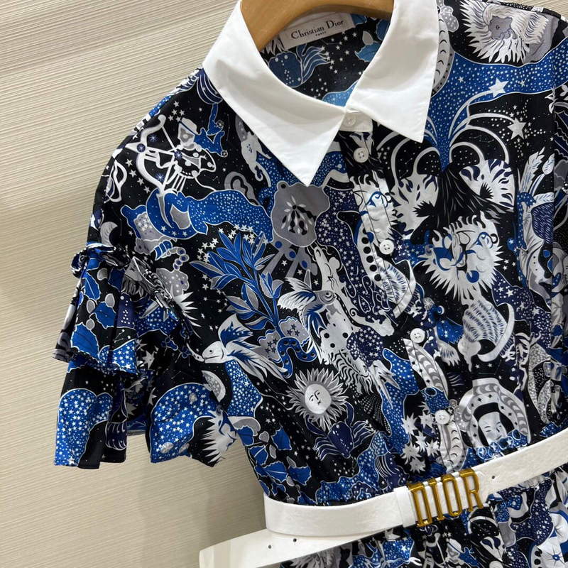 Dior 241R46 Mid Length Belted Dress Blue white
