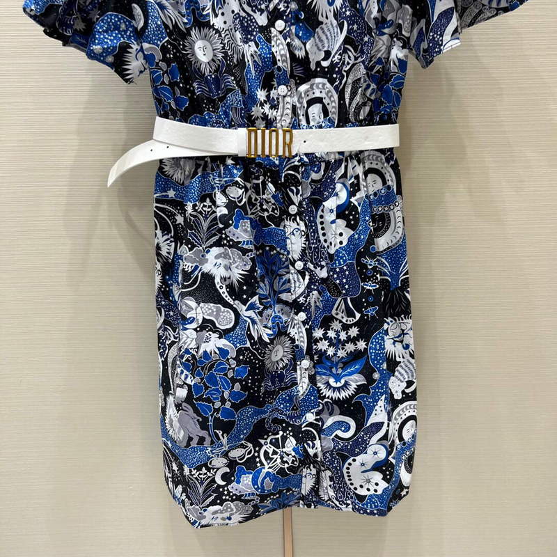 Dior 241R46 Mid Length Belted Dress Blue white