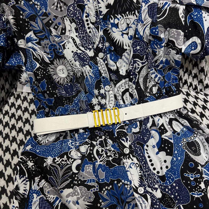 Dior 241R46 Mid Length Belted Dress Blue white