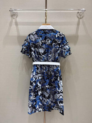 Dior 241R46 Mid Length Belted Dress Blue white - S - View 8