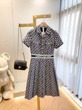Dior 241R48 Mid Length Belted Dress Classic Jacquard Blue