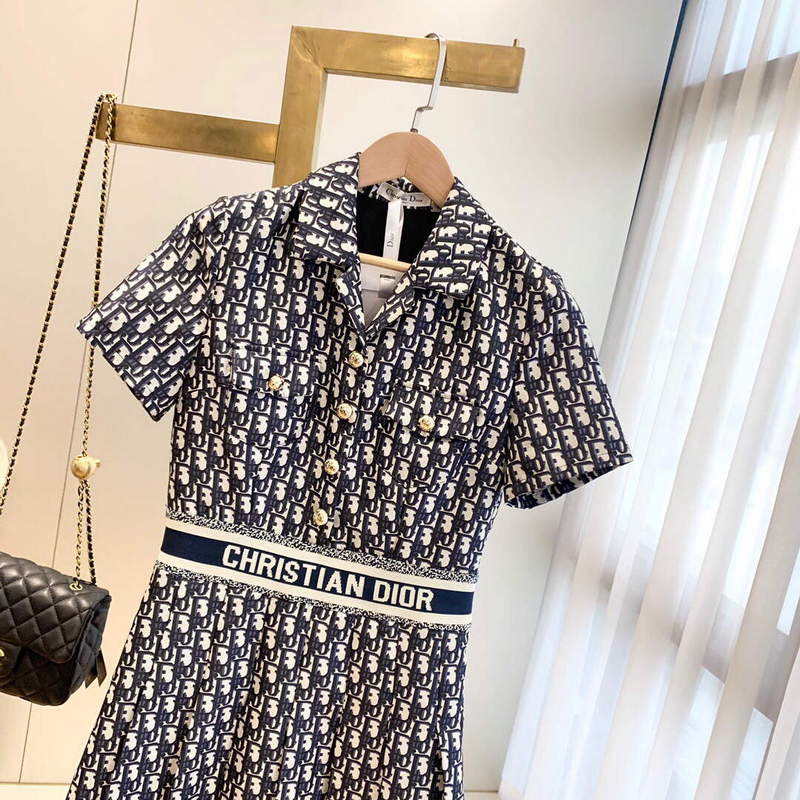 Dior 241R48 Mid Length Belted Dress Classic Jacquard Blue