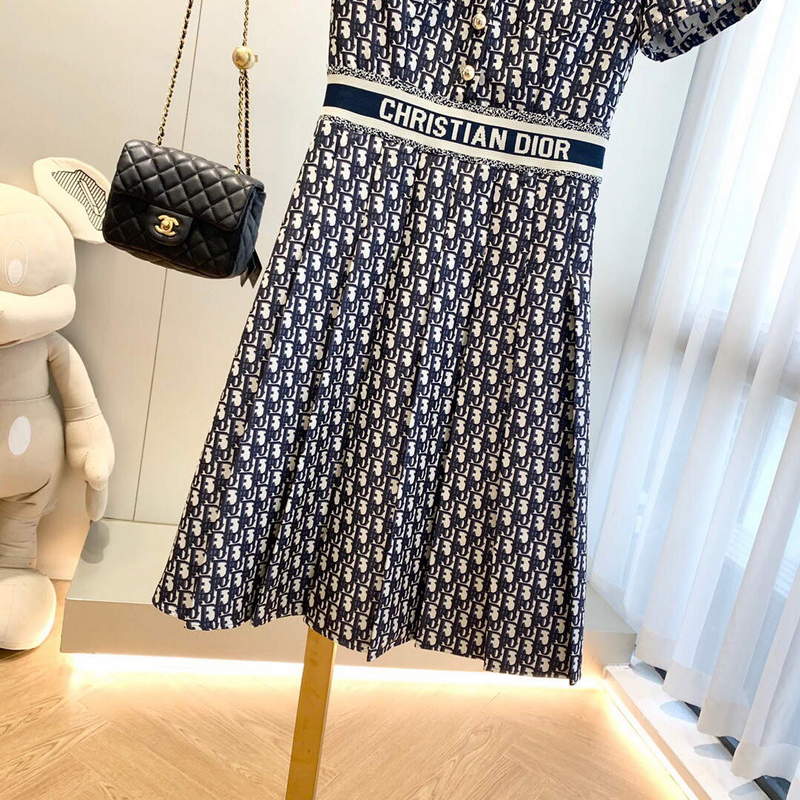 Dior 241R48 Mid Length Belted Dress Classic Jacquard Blue