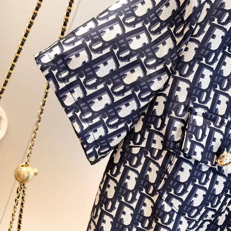 Dior 241R48 Mid Length Belted Dress Classic Jacquard Blue