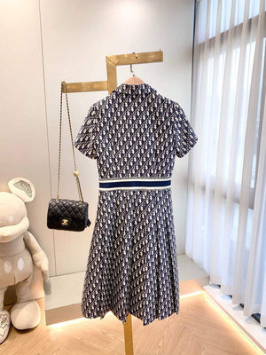 Dior 241R48 Mid Length Belted Dress Classic Jacquard Blue - S - View 8