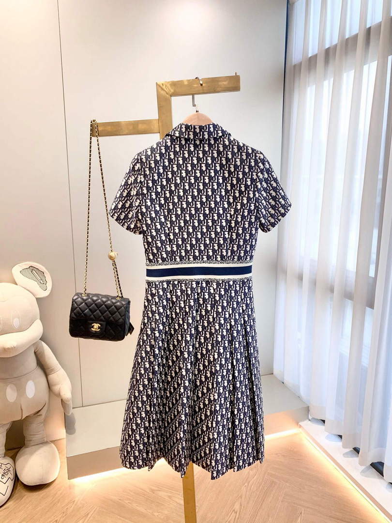 Dior 241R48 Mid Length Belted Dress Classic Jacquard Blue