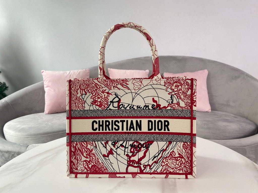 Dior M1296 Small DIOR BOOK TOTE Red and White D-Royaume d'Amour Embroidery Red and white
