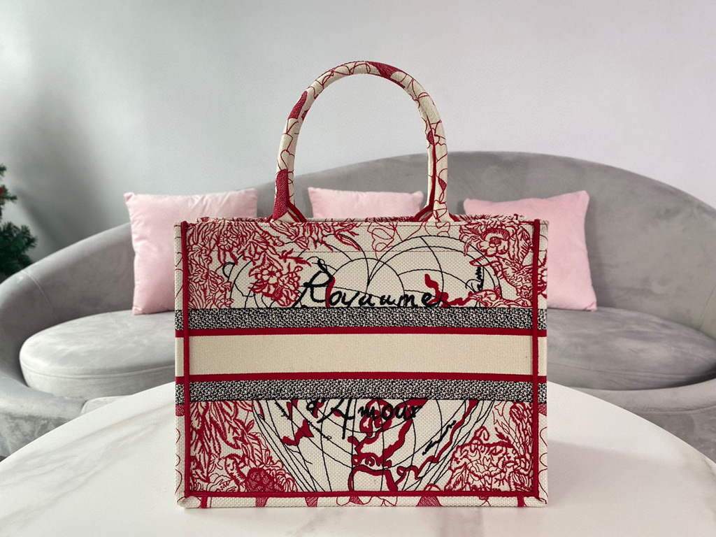 Dior M1296 Small DIOR BOOK TOTE Red and White D-Royaume d'Amour Embroidery Red and white