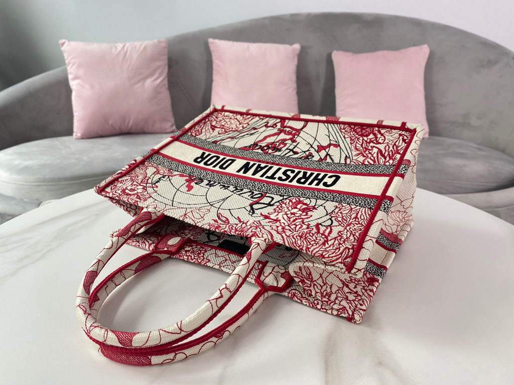 Dior M1296 Small DIOR BOOK TOTE Red and White D-Royaume d'Amour Embroidery Red and white