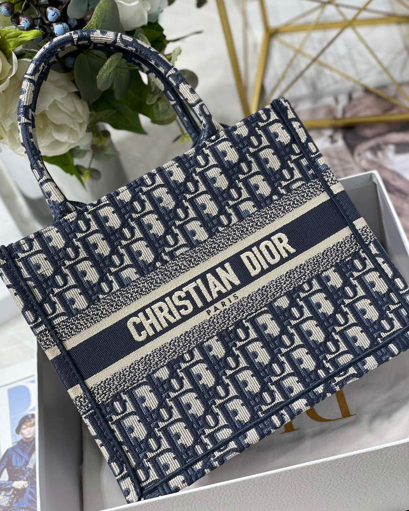 Dior Book Tote M1265 Small Dior Oblique Embroidery Blue