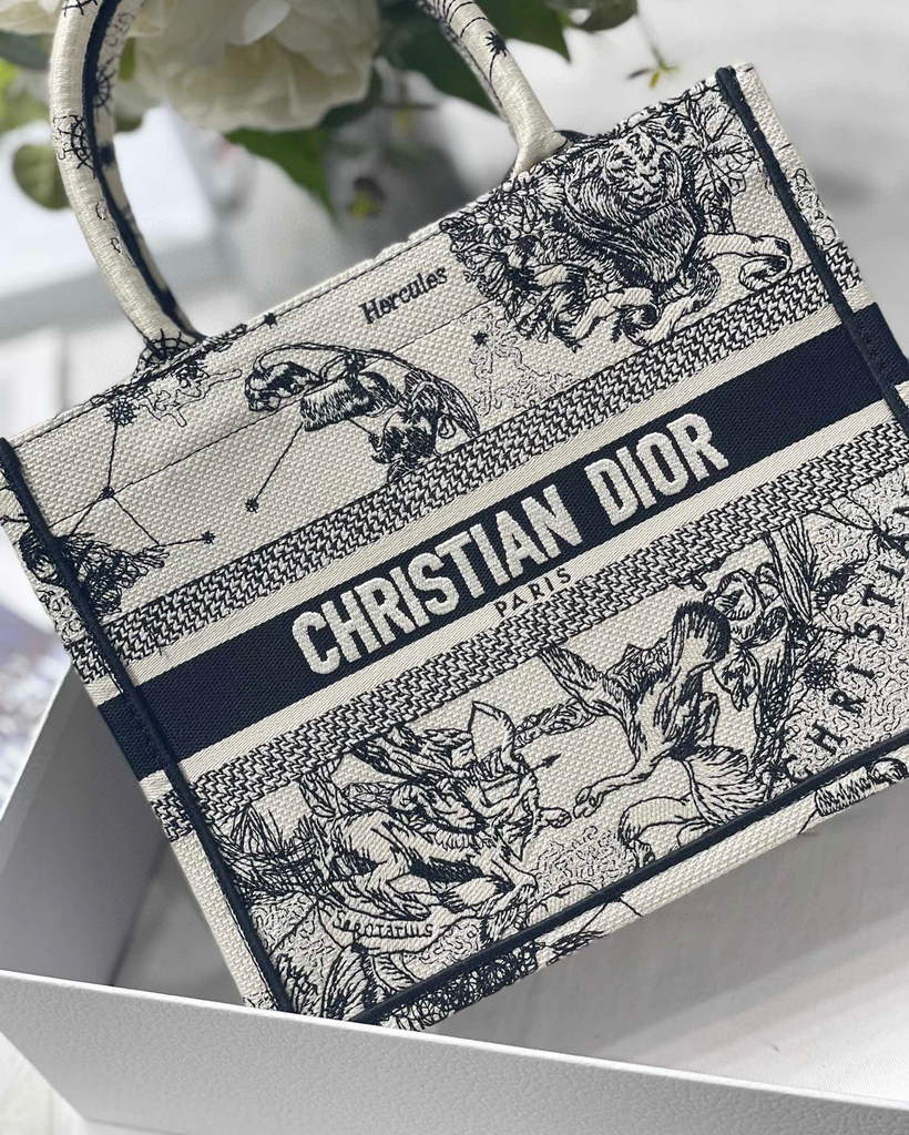 Dior Book Tote M1265 Small Latte Toile De Jouy Zodiac Embroidery Beige