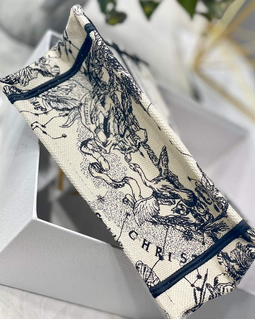 Dior Book Tote M1265 Small Latte Toile De Jouy Zodiac Embroidery Beige