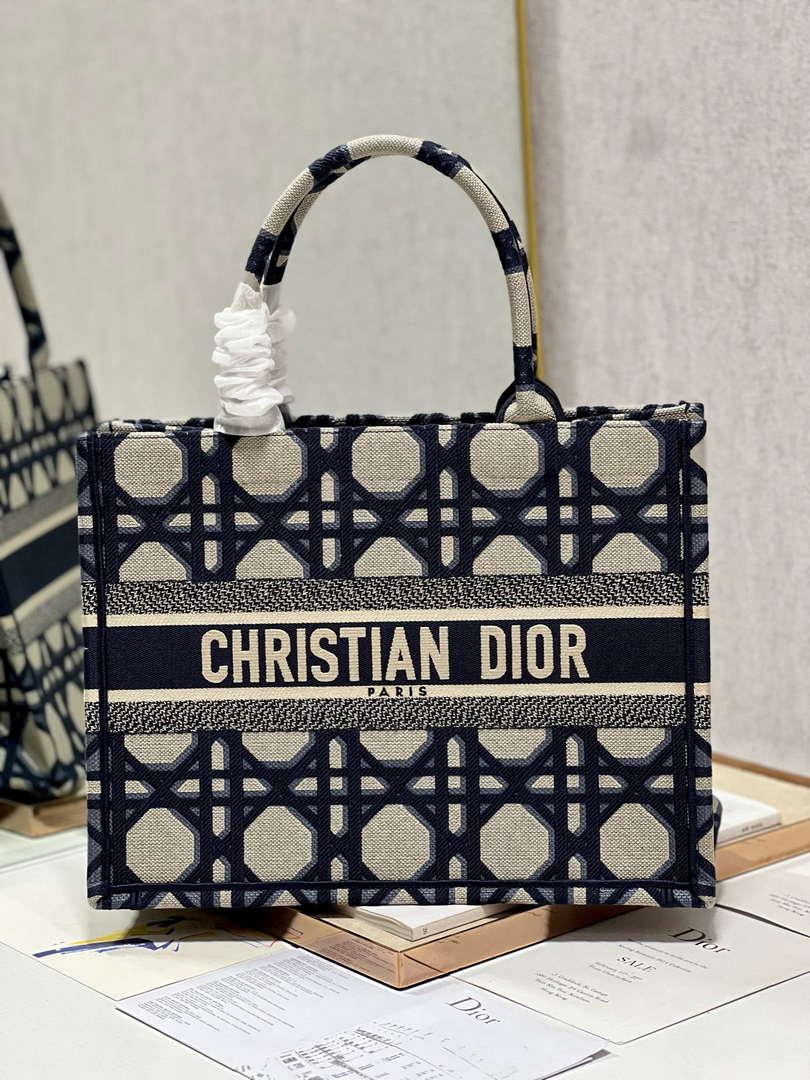 Dior Book Tote M1296 Medium Beige and Blue Macrocannage Embroidery M0080 - Default Title - View 1