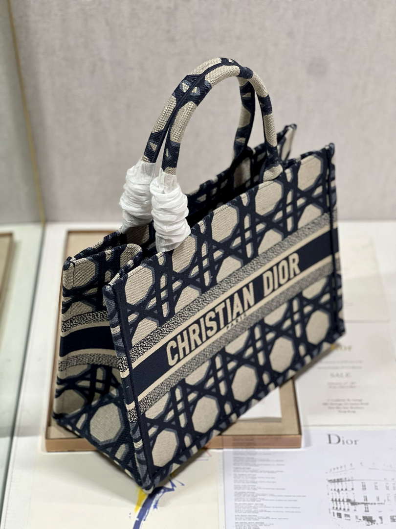 Dior Book Tote M1296 Medium Beige and Blue Macrocannage Embroidery M0080