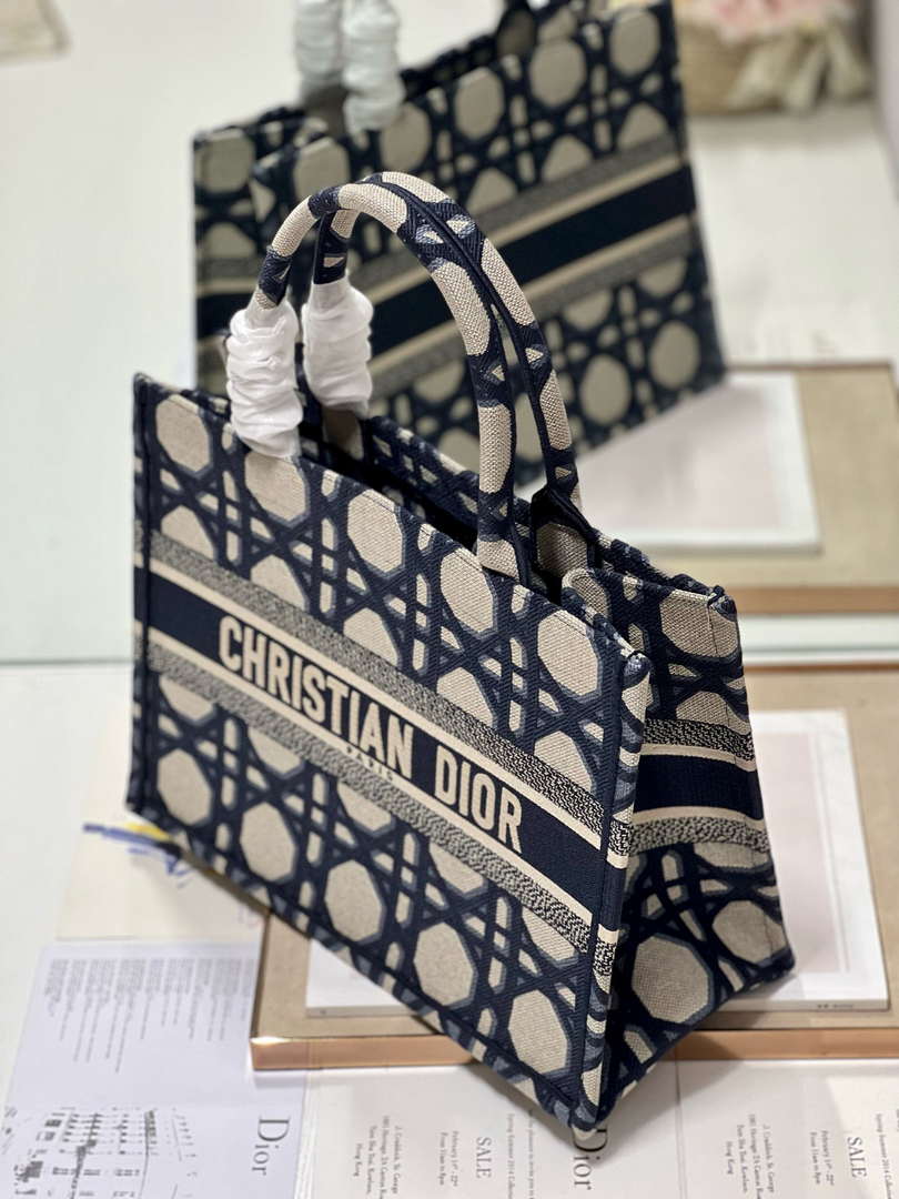 Dior Book Tote M1296 Medium Beige and Blue Macrocannage Embroidery M0080