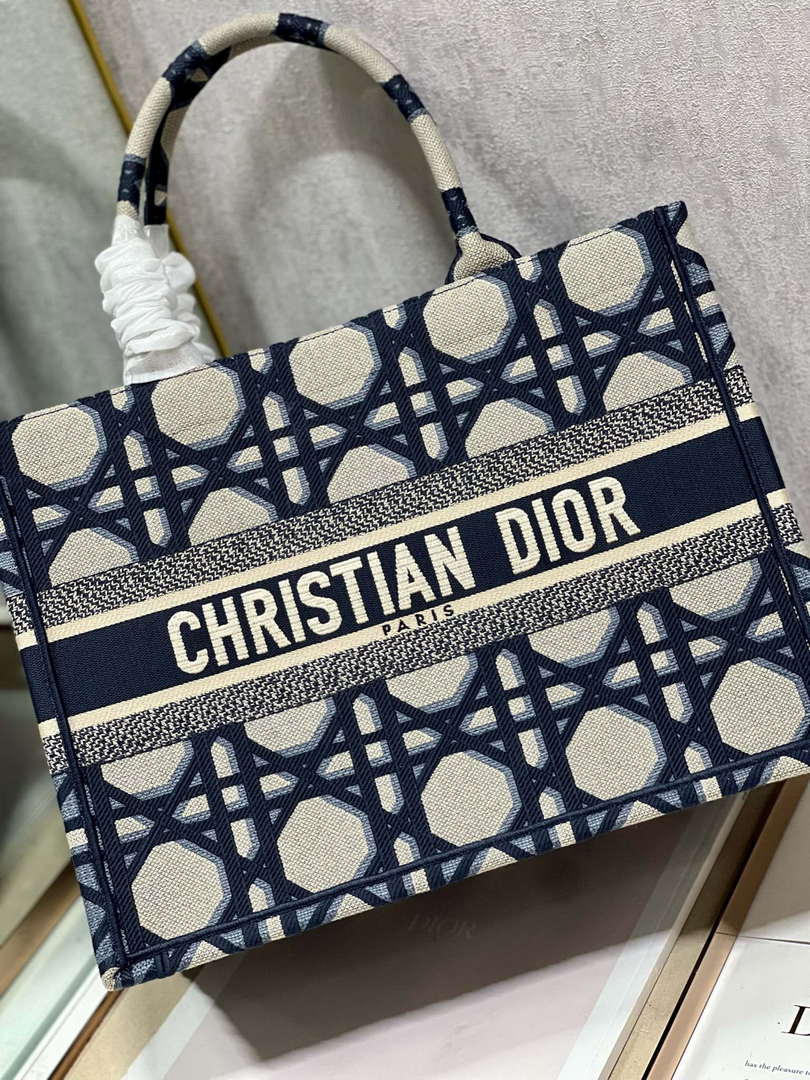 Dior Book Tote M1296 Medium Beige and Blue Macrocannage Embroidery M0080
