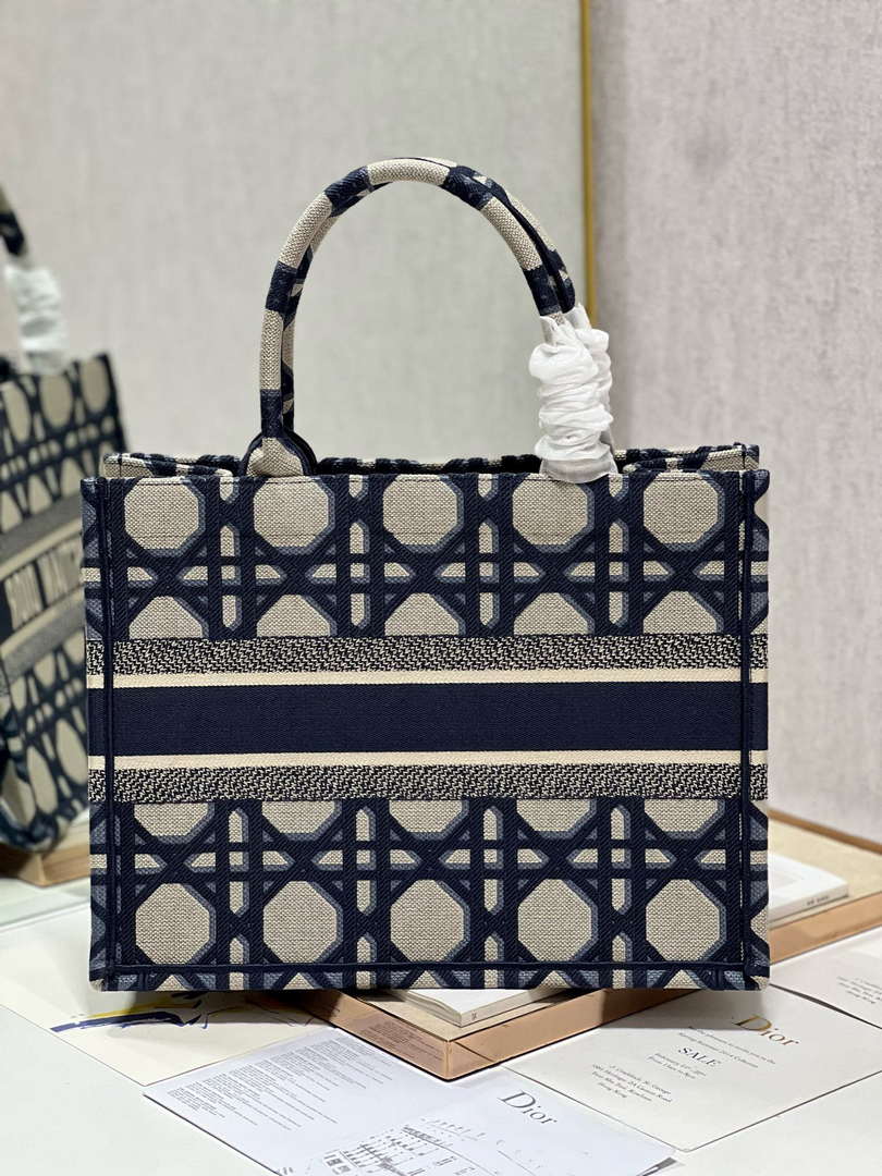Dior Book Tote M1296 Medium Beige and Blue Macrocannage Embroidery M0080