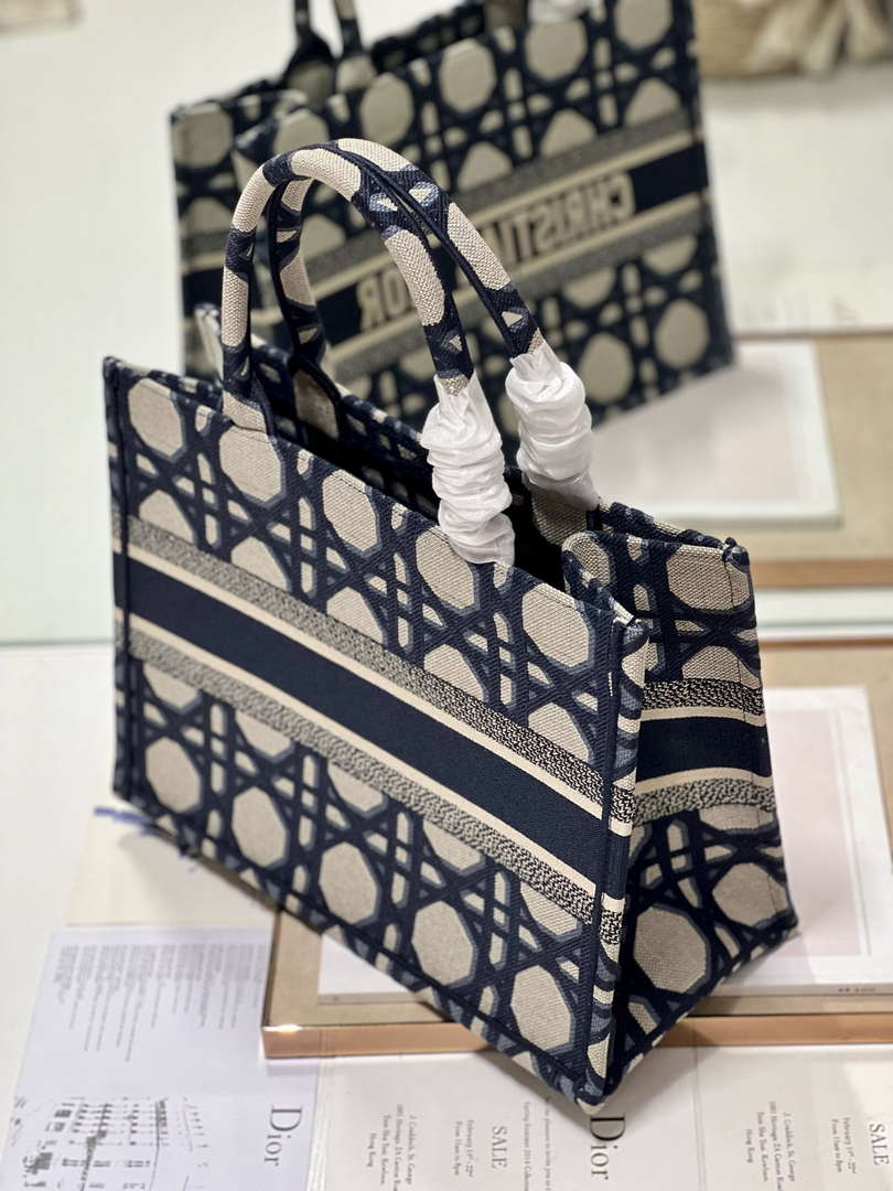 Dior Book Tote M1296 Medium Beige and Blue Macrocannage Embroidery M0080