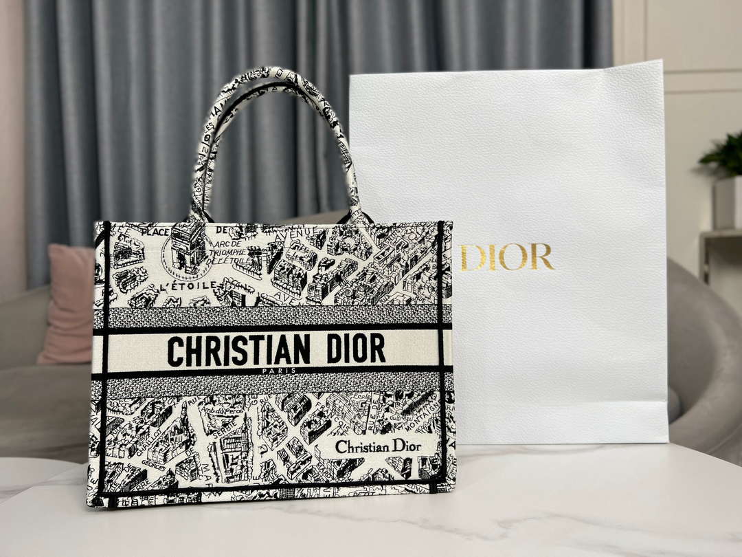 Dior Book Tote M1296 Medium  Dior Black and White Plan de Paris Embroidery