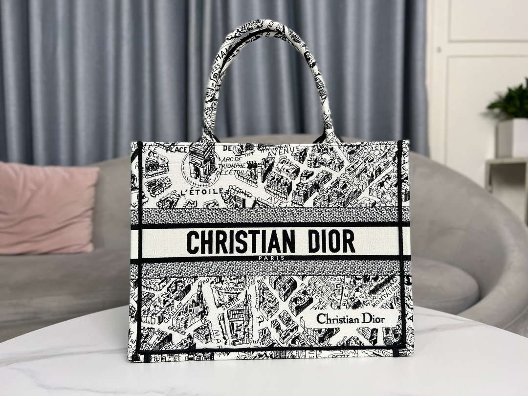 Dior Book Tote M1296 Medium  Dior Black and White Plan de Paris Embroidery