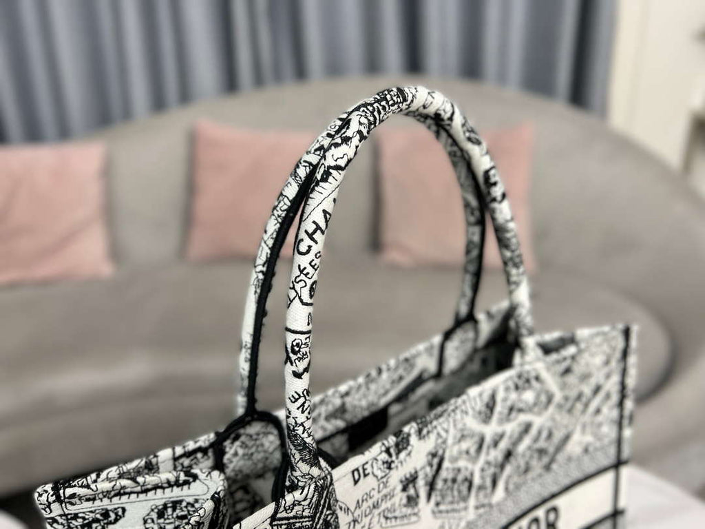 Dior Book Tote M1296 Medium  Dior Black and White Plan de Paris Embroidery