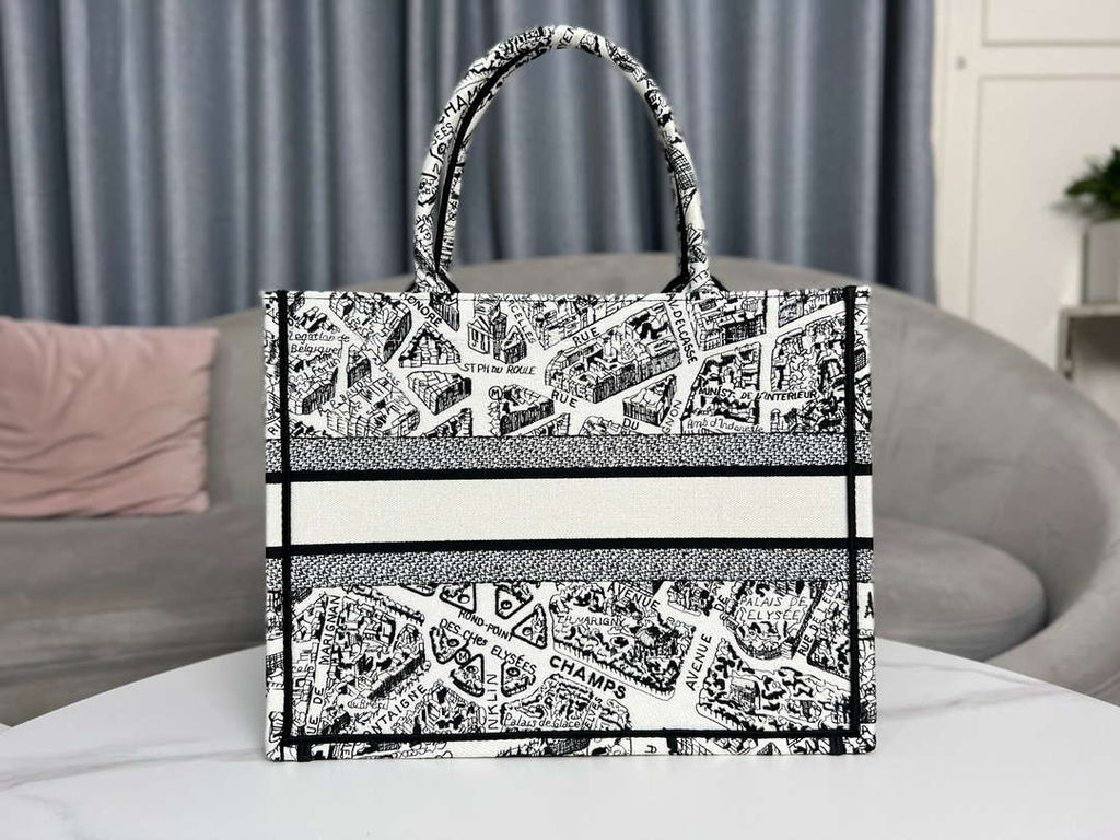 Dior Book Tote M1296 Medium  Dior Black and White Plan de Paris Embroidery