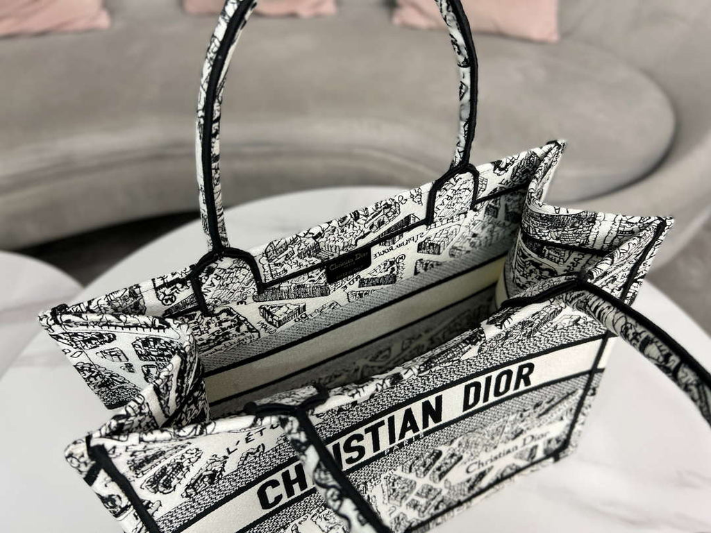 Dior Book Tote M1296 Medium  Dior Black and White Plan de Paris Embroidery