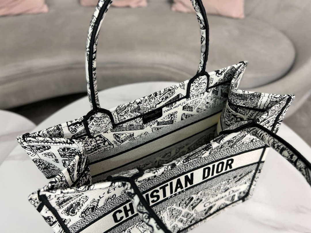 Dior Book Tote M1296 Medium  Dior Black and White Plan de Paris Embroidery