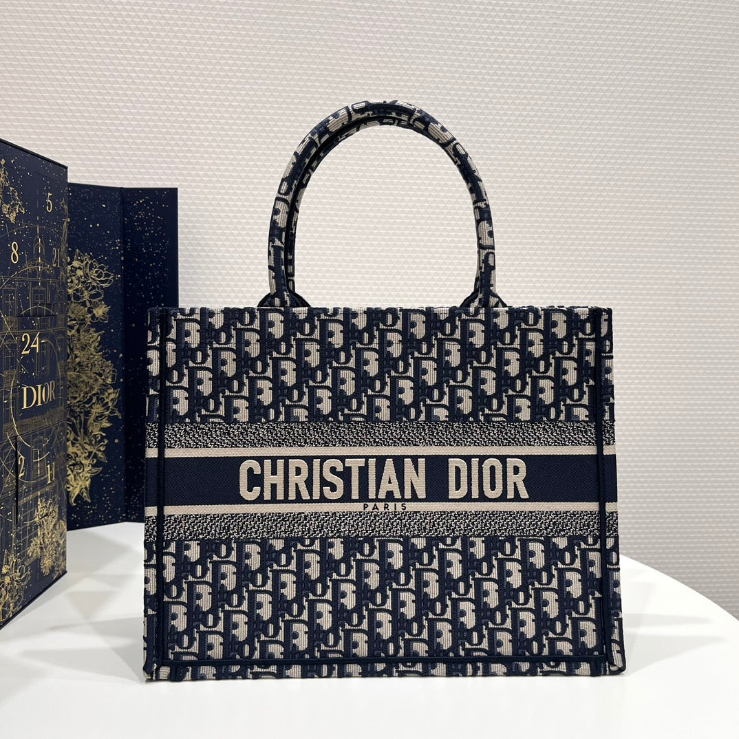 Dior Book Tote M1296 Medium Ecru and Blue Dior Oblique Embroidery - Default Title - View 1