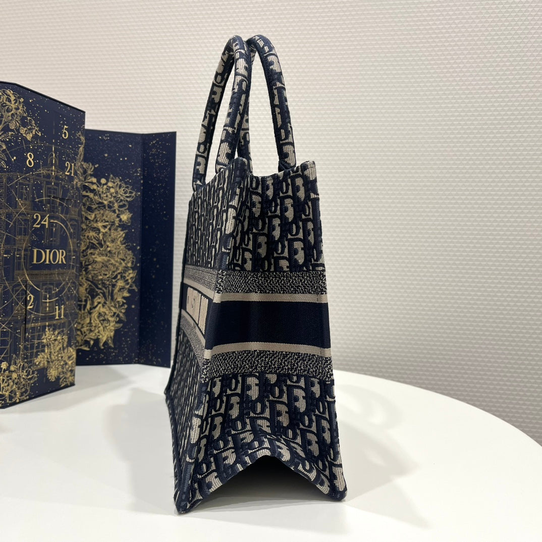 Dior Book Tote M1296 Medium Ecru and Blue Dior Oblique Embroidery