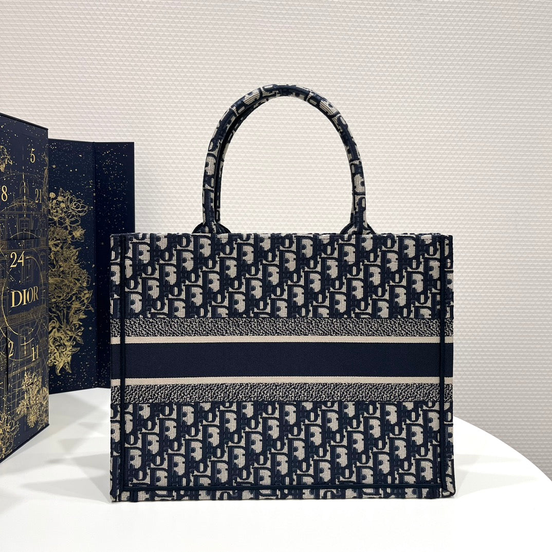 Dior Book Tote M1296 Medium Ecru and Blue Dior Oblique Embroidery