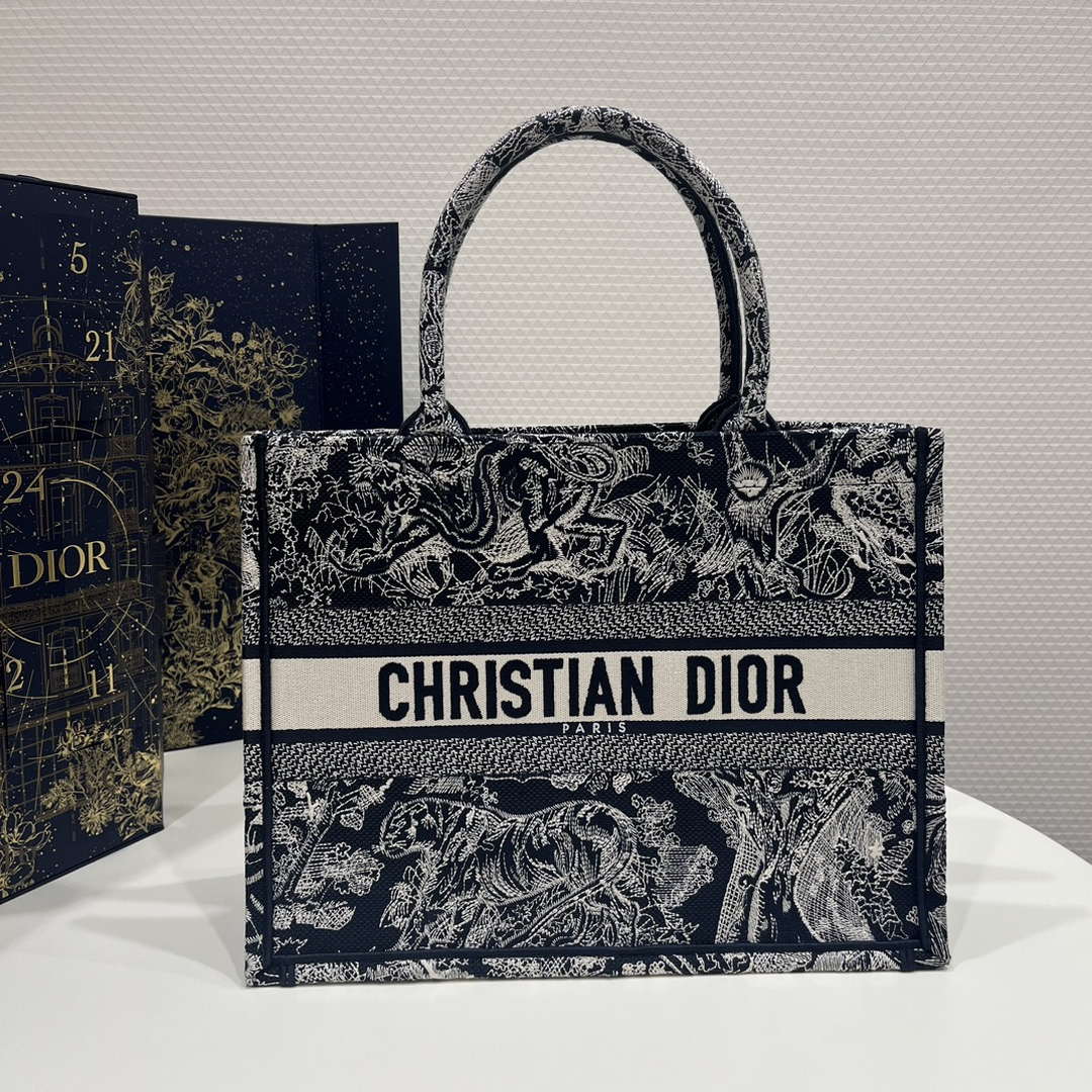 Dior Book Tote M1296 Medium Ecru and Blue Toile de Jouy Embroidery M0073 - Default Title - View 1