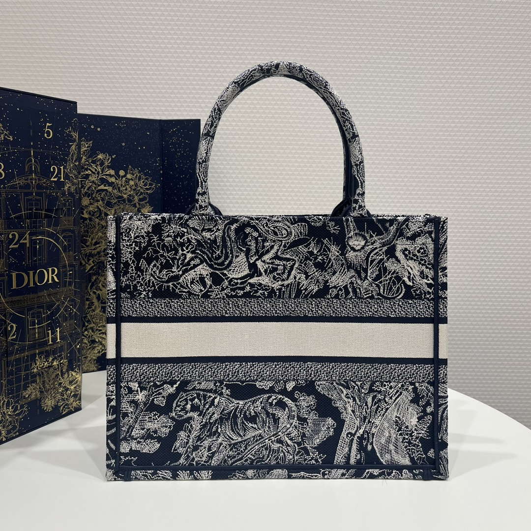 Dior Book Tote M1296 Medium Ecru and Blue Toile de Jouy Embroidery M0073