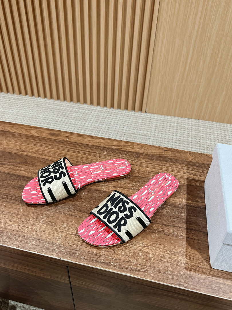 Dior KCO109EZO Dway Slide Embroidered Cotton and Pink Miss Dior Allover Motif Shoes D82986