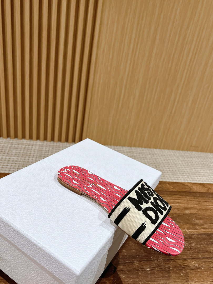 Dior KCO109EZO Dway Slide Embroidered Cotton and Pink Miss Dior Allover Motif Shoes D82986