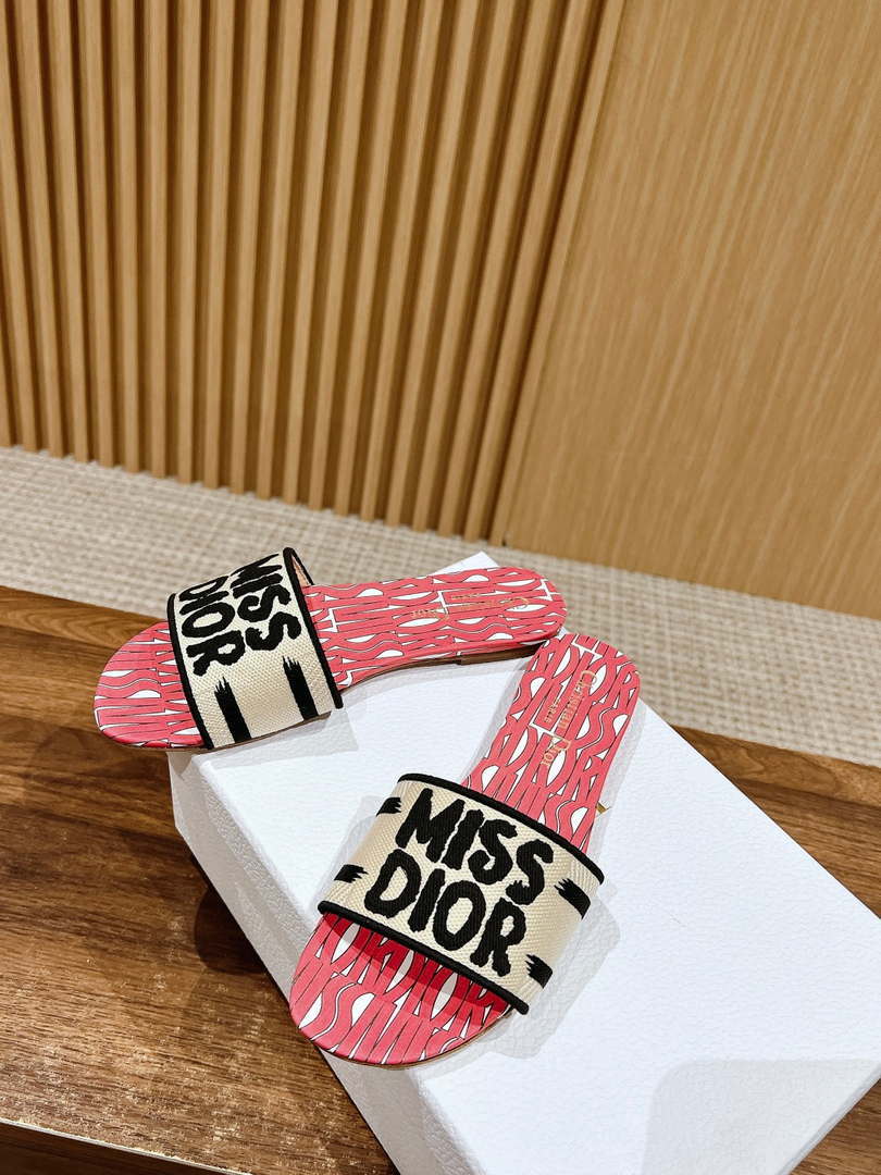 Dior KCO109EZO Dway Slide Embroidered Cotton and Pink Miss Dior Allover Motif Shoes D82986