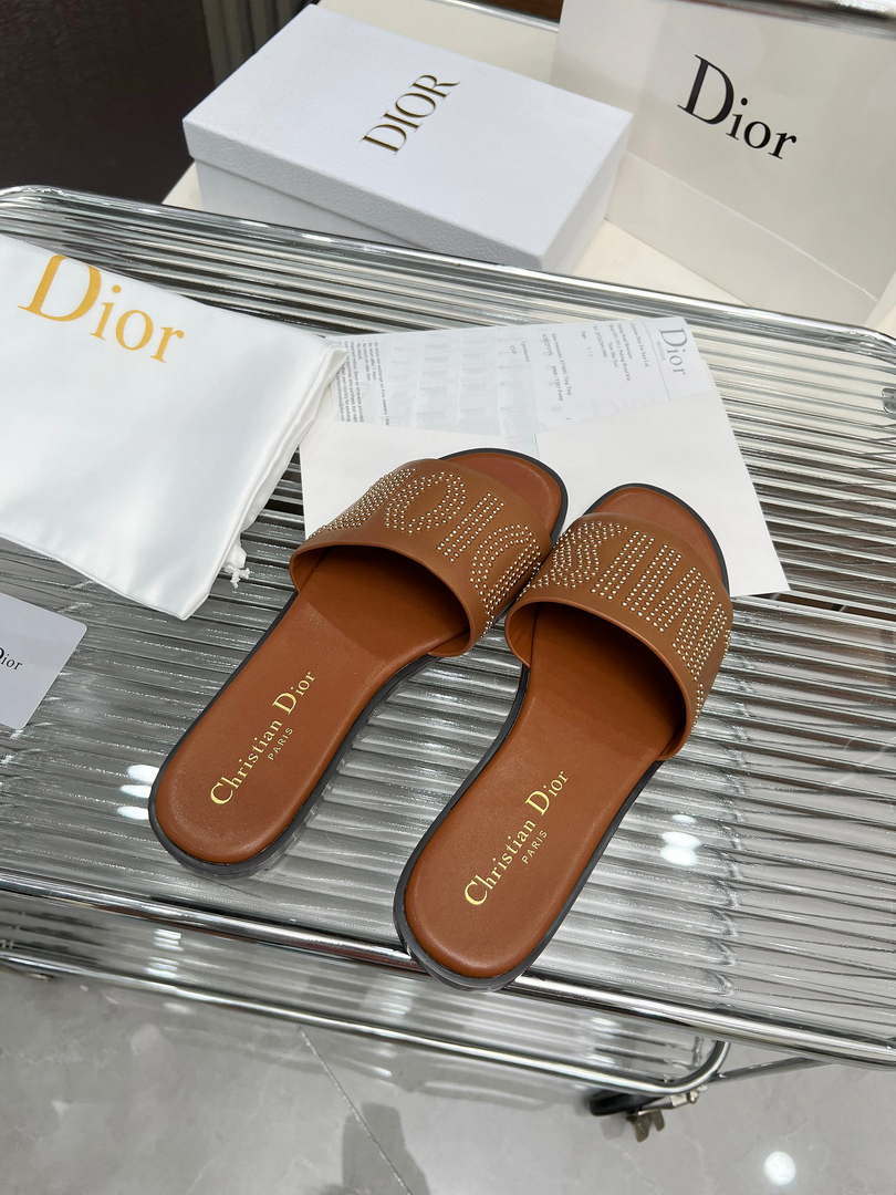 Dior KCO138CTU Dway Slide Brown Calfskin and Gold-Finish Studs Shoes D82982