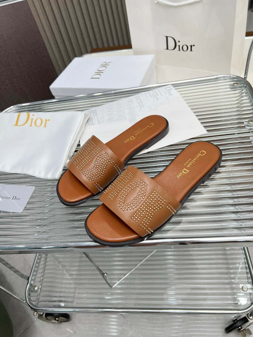 Dior KCO138CTU Dway Slide Brown Calfskin and Gold-Finish Studs Shoes D82982
