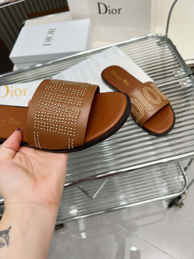 Dior KCO138CTU Dway Slide Brown Calfskin and Gold-Finish Studs Shoes D82982