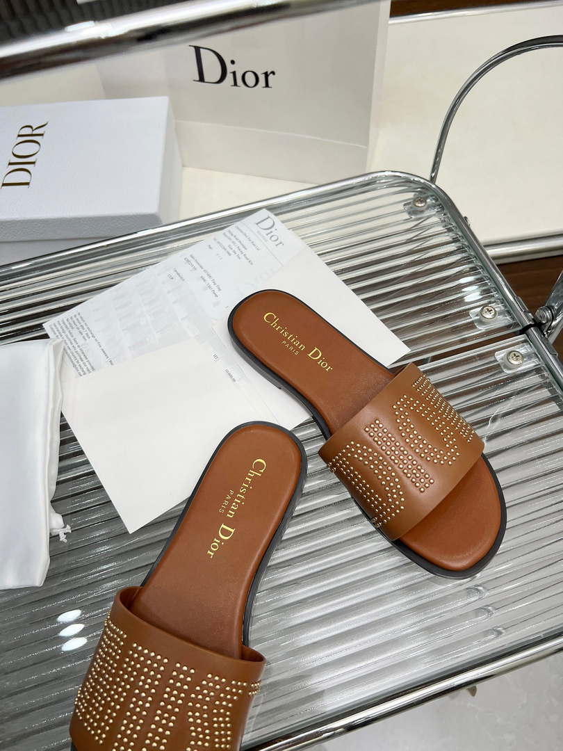 Dior KCO138CTU Dway Slide Brown Calfskin and Gold-Finish Studs Shoes D82982
