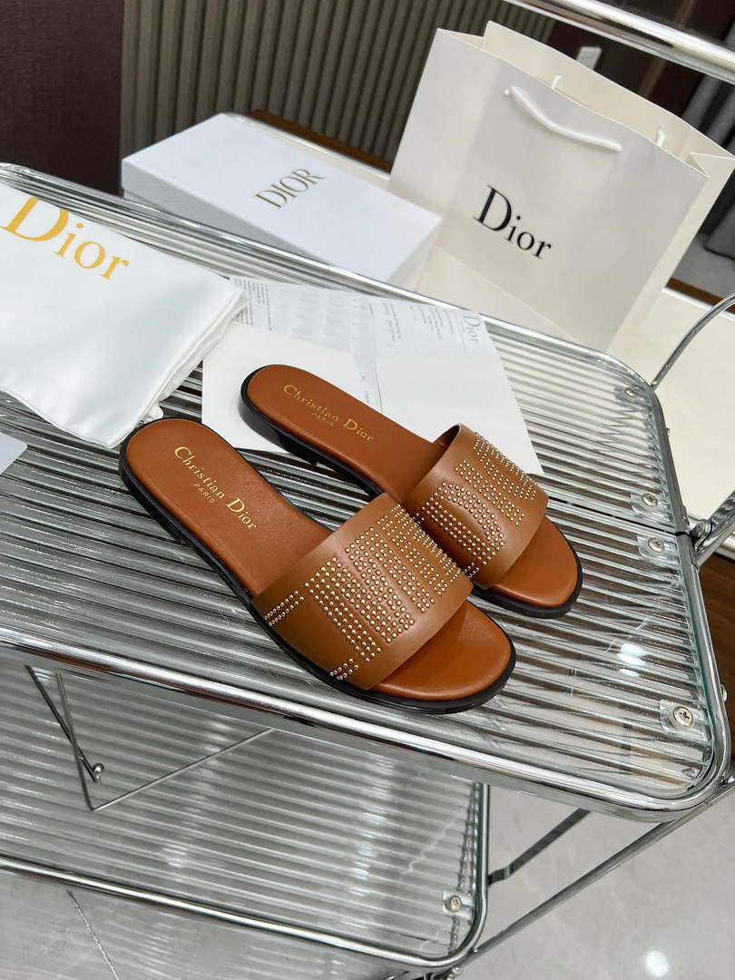 Dior KCO138CTU Dway Slide Brown Calfskin and Gold-Finish Studs Shoes D82982