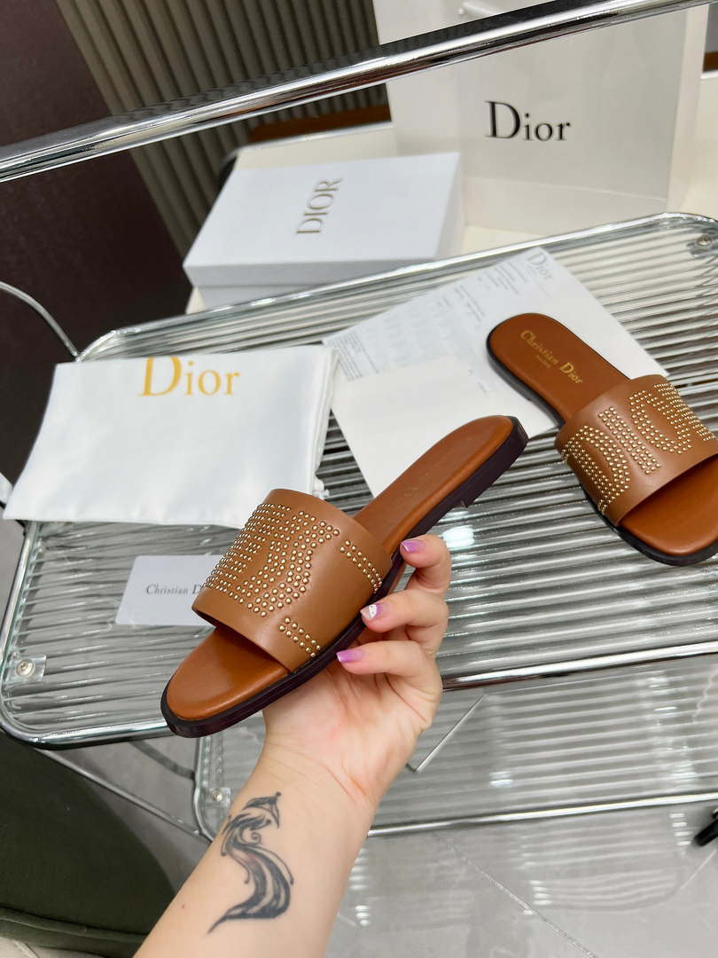 Dior KCO138CTU Dway Slide Brown Calfskin and Gold-Finish Studs Shoes D82982