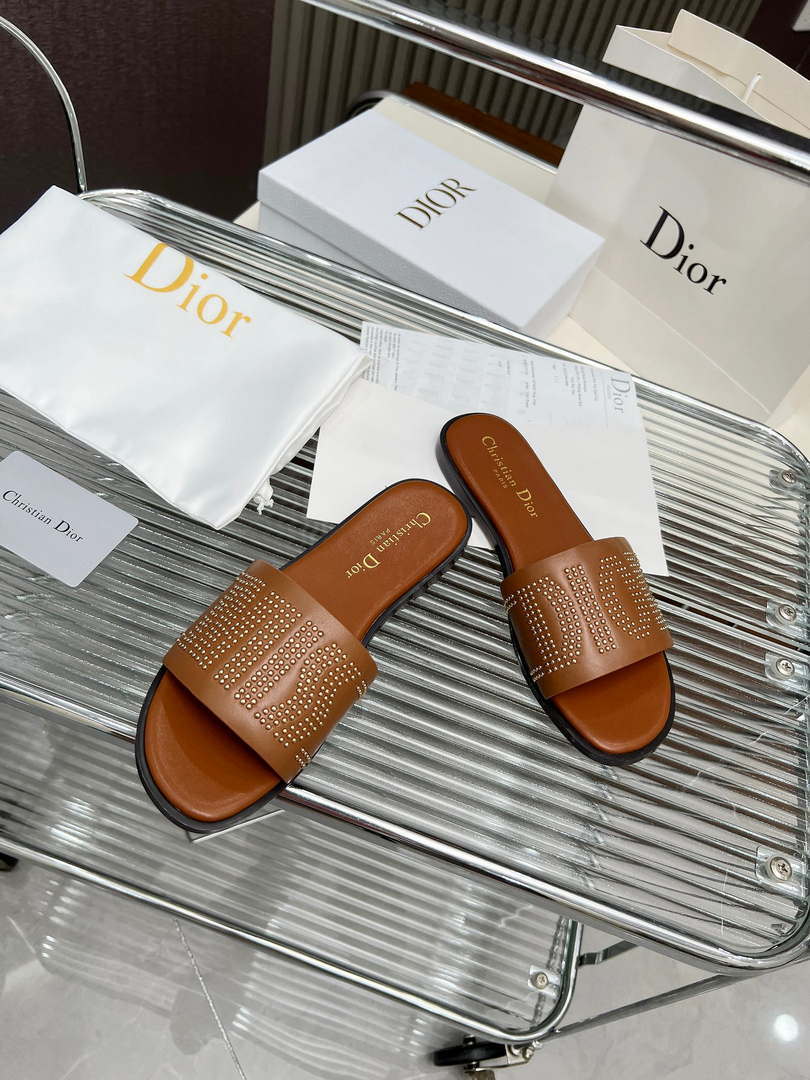 Dior KCO138CTU Dway Slide Brown Calfskin and Gold-Finish Studs Shoes D82982